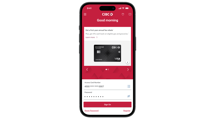 Phone screen displaying CIBC Mobile Banking App sign on page.