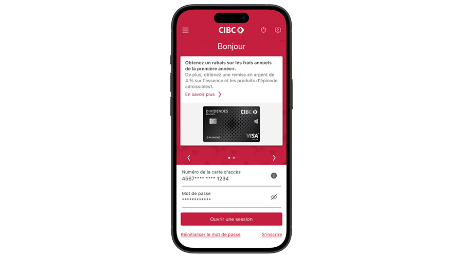 Téléphone affichant la page d’ouverture de session de l’application Services bancaires mobiles CIBC.