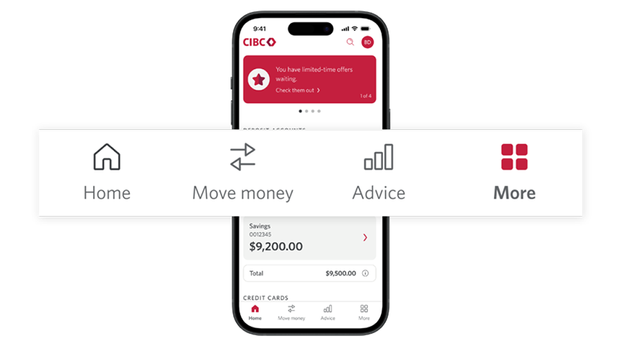 Phone screen displaying mobile app homepage with the bottom menu magnified.