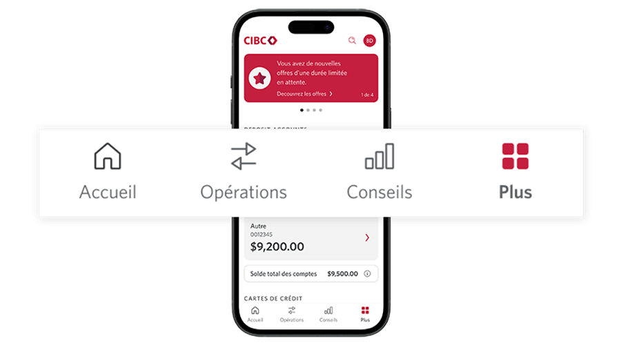 Téléphone affichant la page d’accueil de l’application Services bancaires mobiles avec le menu du bas agrandi.