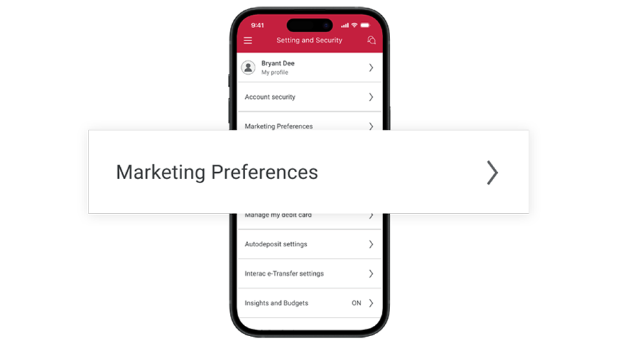 Phone screen menu with “Marketing Preferences” option magnified.
