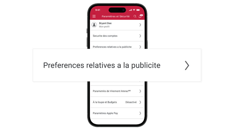 Téléphone affichant le menu avec l’option « Préférences relatives à la publicité » agrandie.