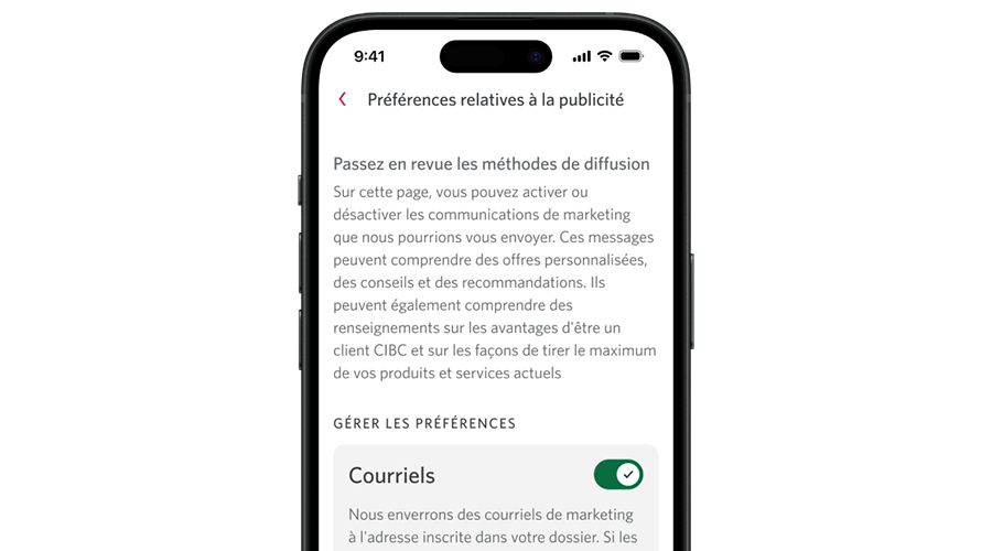 Téléphone affichant la page « Préférences relatives à la publicité » avec l’option d’activer ou de désactiver diverses méthodes de communication en matière de publicité, y compris les courriels et les messages textes.