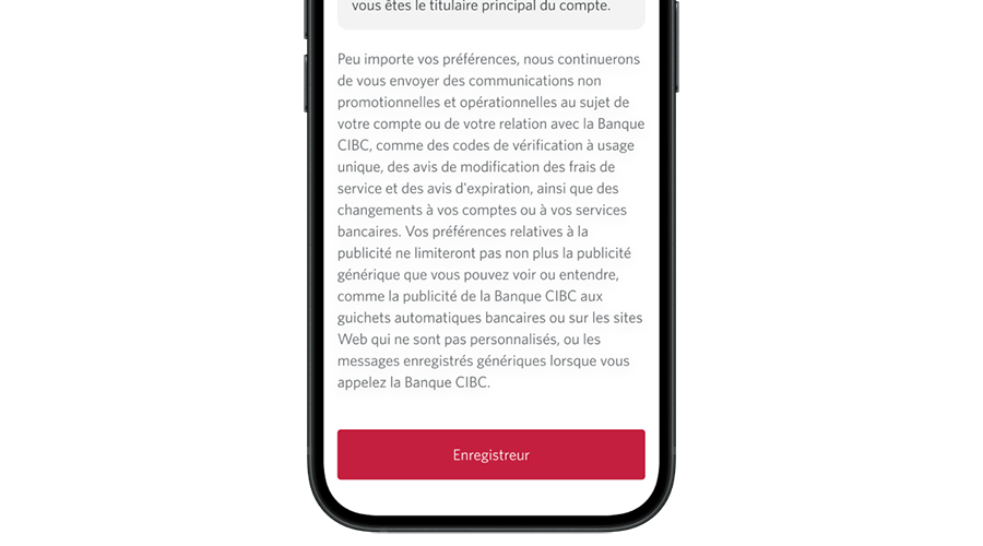 Téléphone affichant le bouton « Confirmer » à la page « Préférences relatives à la publicité ».