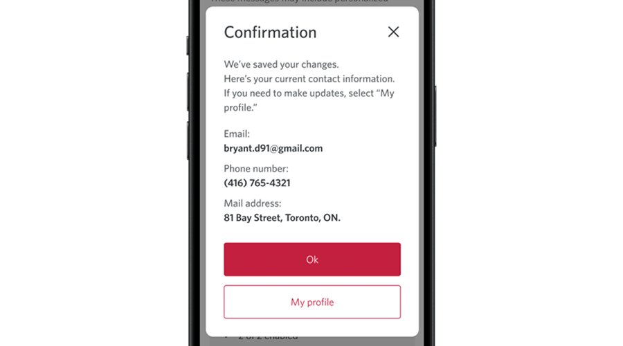 Phone screen displaying confirmation page with the option to review contact details and select “Ok” or “My profile.”