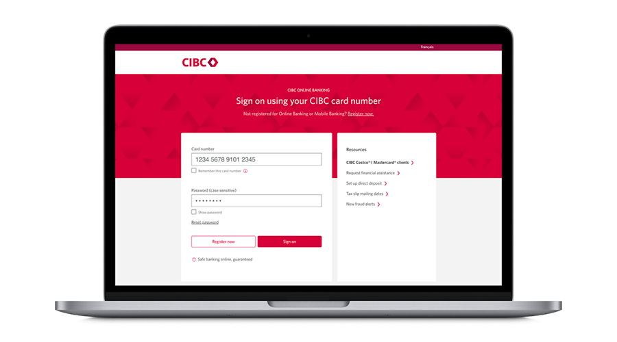 Laptop screen displaying CIBC Online Banking sign on page.