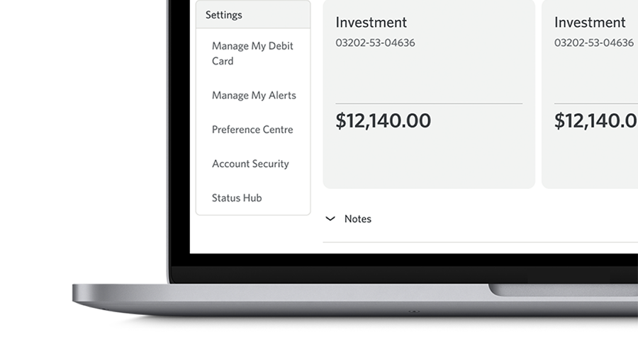Laptop screen displaying menu on online banking homepage with the bottom left menu magnified to show “Preference Centre.”