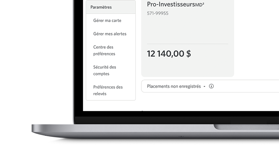 Ordinateur portatif affichant le menu sur la page d’accueil de Services bancaires en direct avec le menu en bas à gauche agrandi pour afficher « Centre des préférences ».