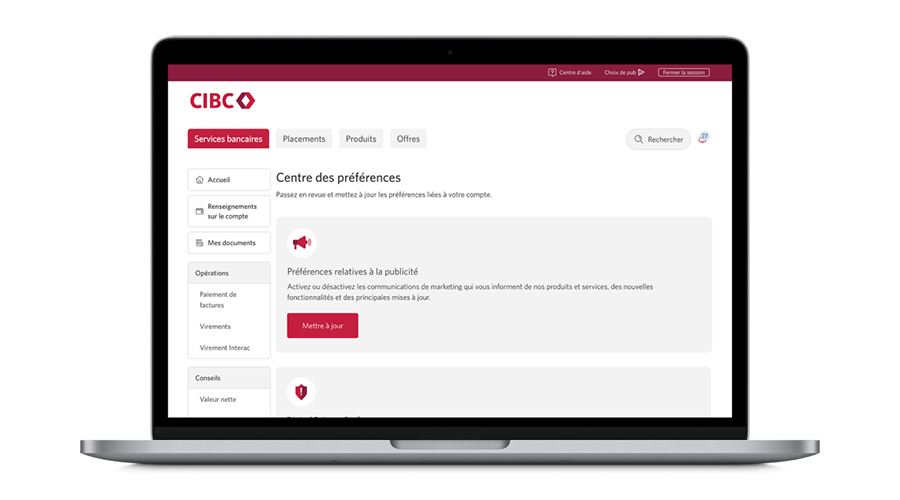 Ordinateur portatif affichant la page « Centre des préférences » avec l’option « Préférences relatives à la publicité ».