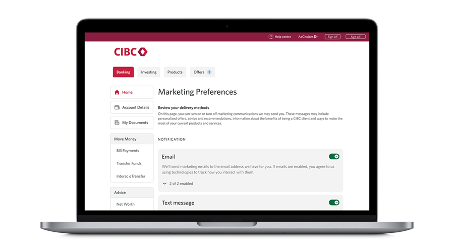 Laptop screen displaying “Marketing Preferences” page with the option to turn on or turn off various marketing communication delivery methods including email and text.