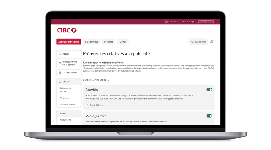 Ordinateur portatif affichant la page « Préférences relatives à la publicité » avec l’option d’activer ou de désactiver diverses méthodes de communication pour les communications en matière de publicité, y compris les courriels et les messages textes.