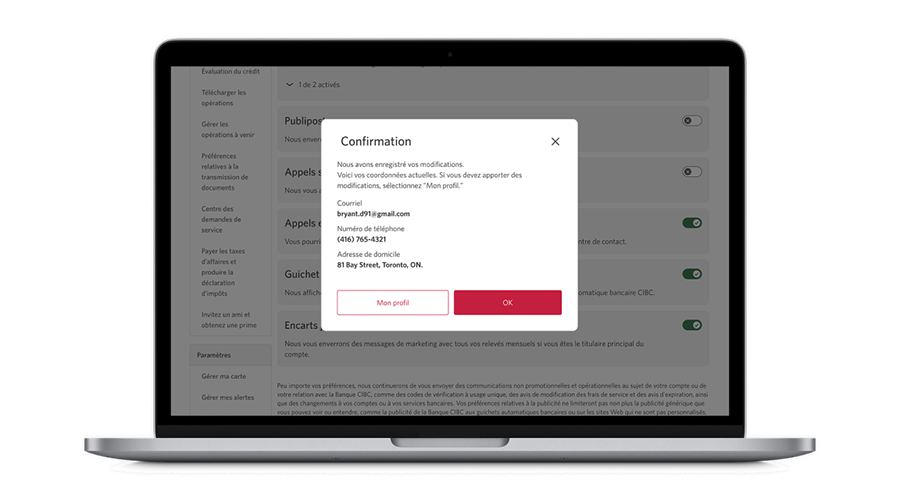 Ordinateur portatif affichant la page de confirmation avec l’option de passer en revue les coordonnées et de sélectionner « OK » ou « Mon profil ».