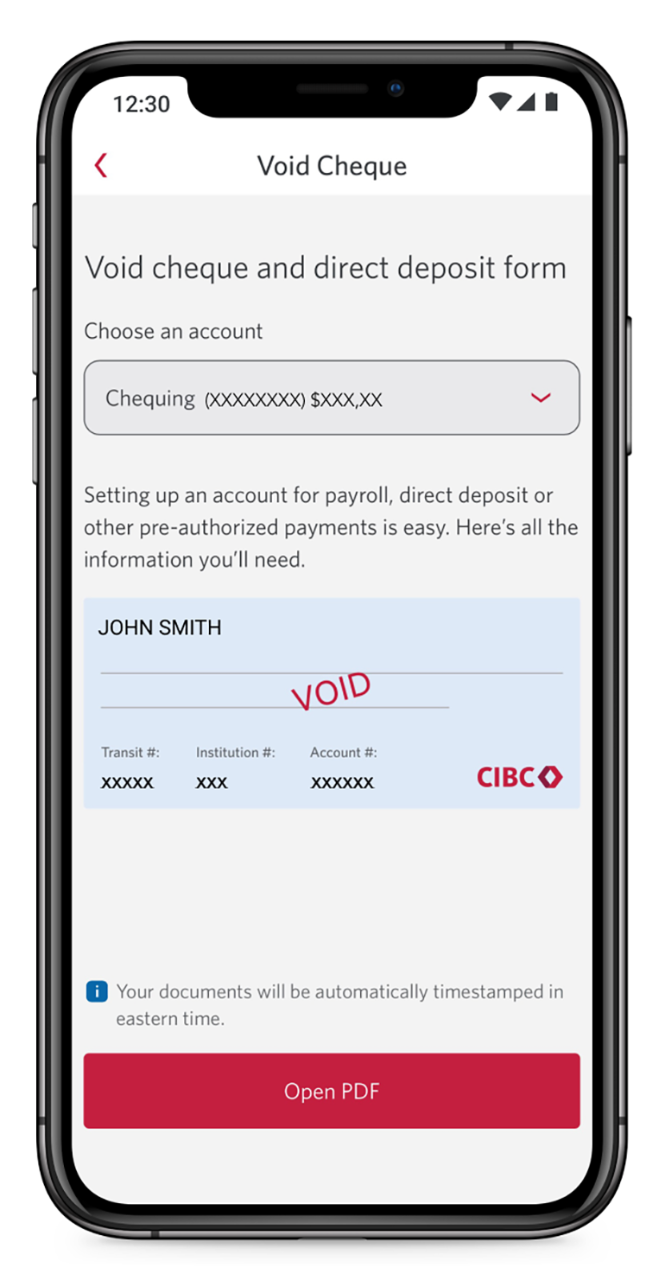 Mobile phone screen showing how to set up direct deposits in the CIBC Mobile Banking App.