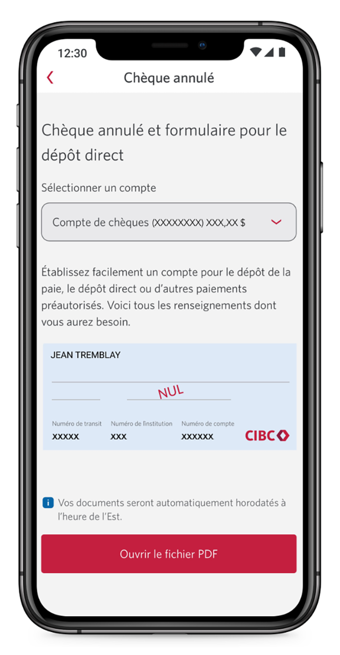 Écran de téléphone portable montrant comment configurer les dépôts périodiques dans l’application Services bancaires mobiles CIBC.