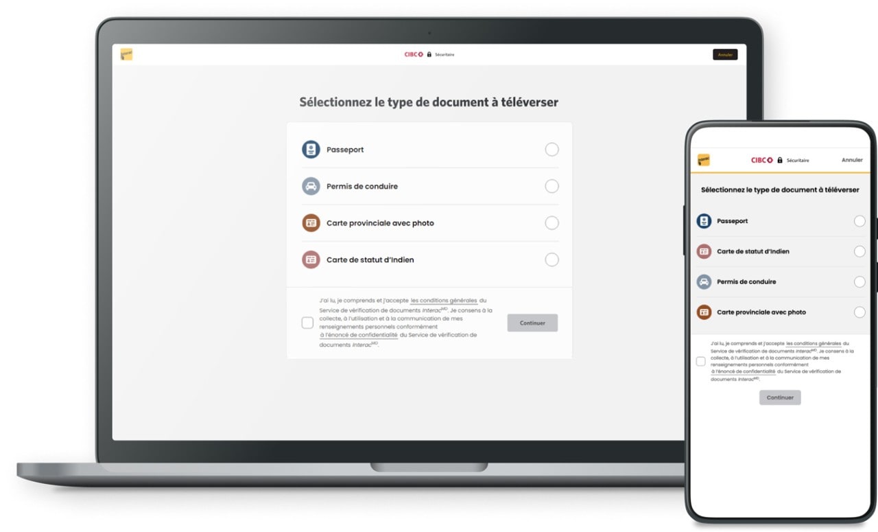 L'application du service de vérification de documents Interac sur l'écran d'un téléphone intelligent et d'un ordinateur portable.
