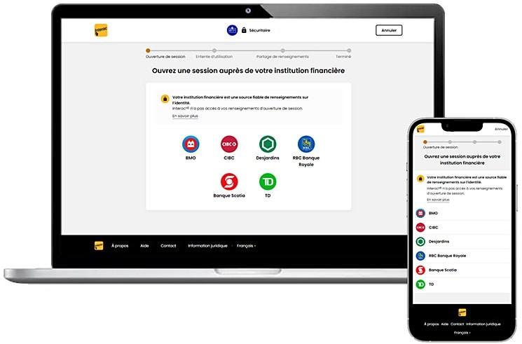 L'application du service de vérification Interac sur l'écran d'un téléphone intelligent et d'un ordinateur portable.