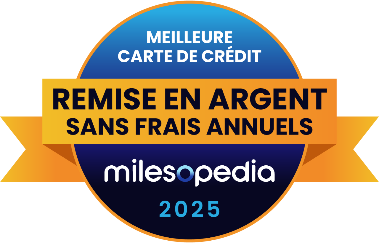 Logo de Milesopedia désignant notre carte comme étant la meilleure carte de crédit avec remise en argent et sans frais annuels pour l’année 2025.