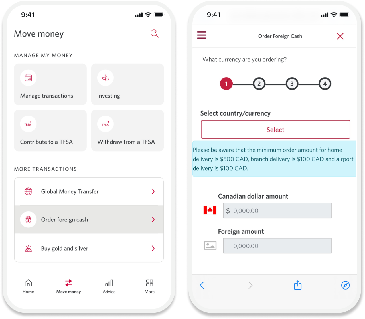 Mobile app Move Money page leading to the Foreign cash page.