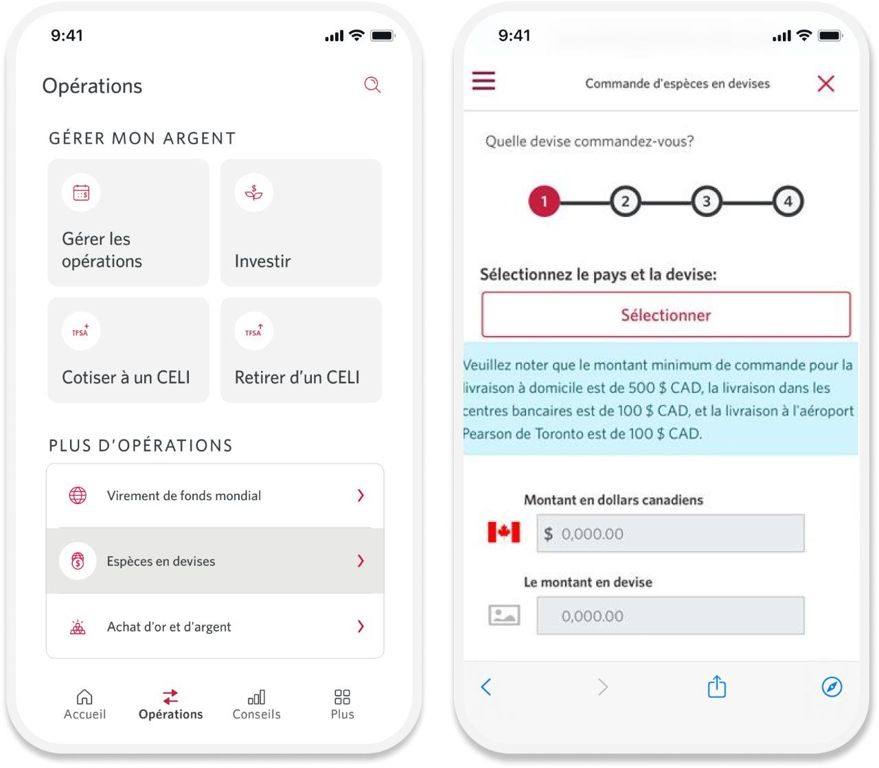 Dans l’application mobile, la page Opérations mène à la page Commande d’espèces en devises.