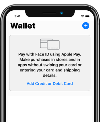 Wallet App showing the option to add a credit or debit card